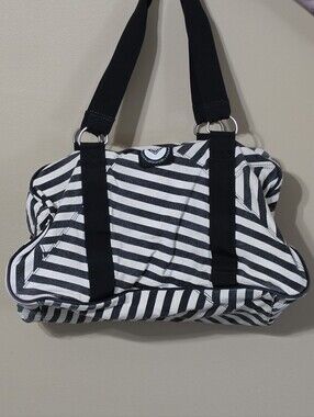 Roxy Y2K Black & Beige Striped Duffle Overnight Shoulder Bag